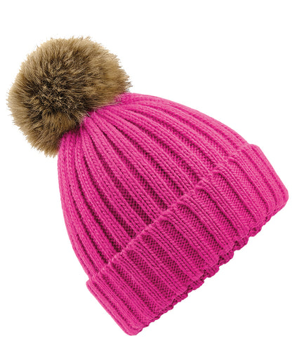 Beechfield BC412 Fur pop pom chunky beanie in Fuchsia