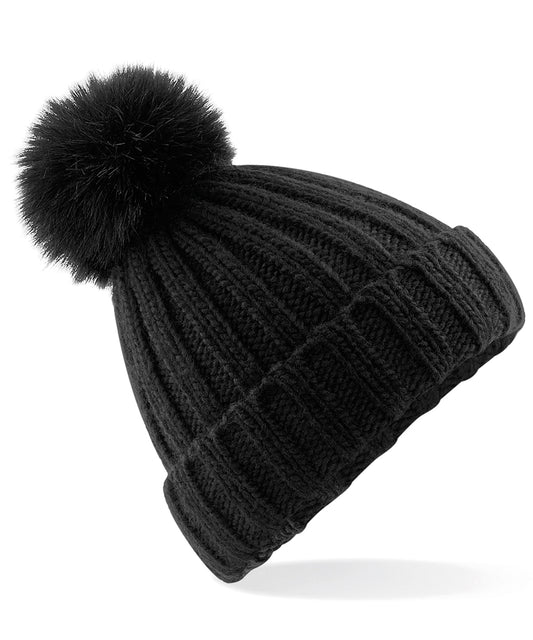 Beechfield BC413 Verbier fur pop pom chunky beanie in Black