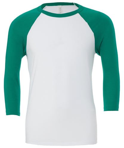 Bella Canvas BE100 Unisex triblend ¾ sleeve baseball t-shirt in White/Kelly