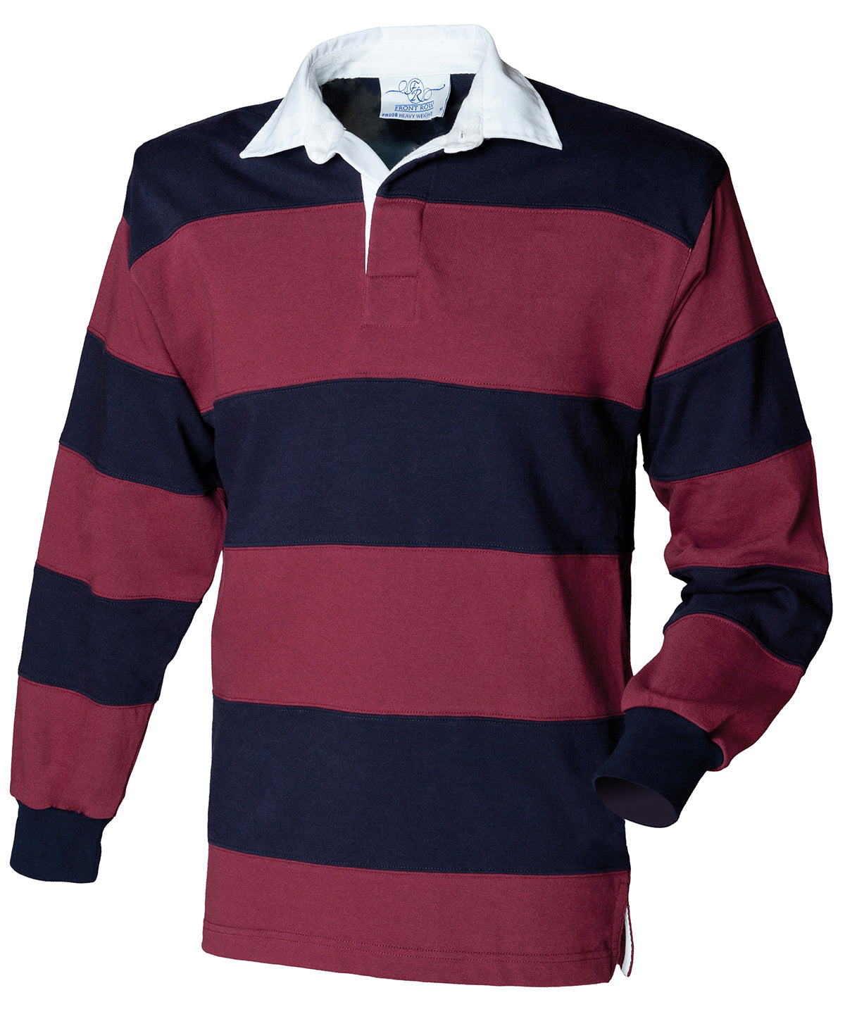 Front Row FR08M Sewn stripe long sleeve rugby shirt in Burgundy/Navy