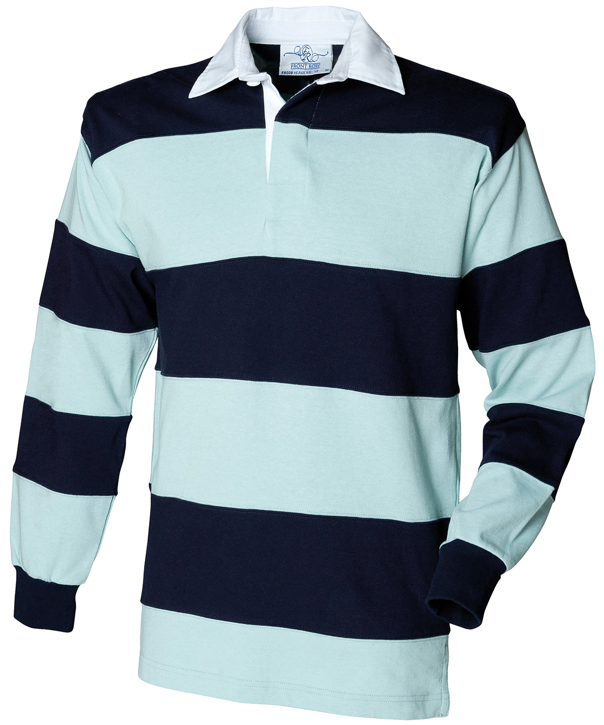 Front Row FR08M Sewn stripe long sleeve rugby shirt in Duck Egg/Navy