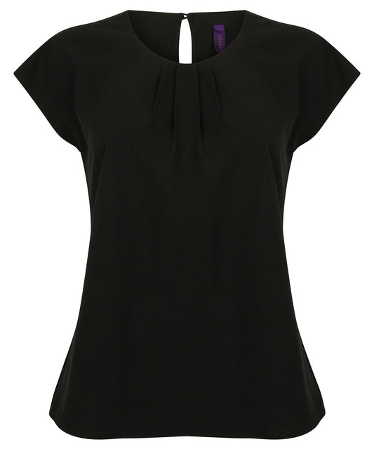 Henbury HB597 Women's pleat front short sleeve blouse in Black