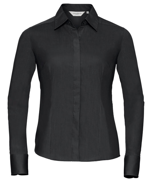 Russell Athletic Collection J924F Women's long sleeve polycotton easycare fitted poplin shirt in Black