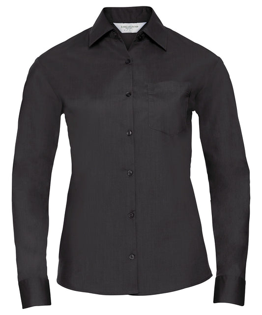 Russell Athletic Collection J934F Women's long sleeve polycotton easycare poplin shirt in Black