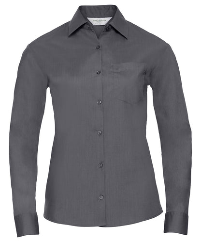 Russell Athletic Collection J934F Women's long sleeve polycotton easycare poplin shirt in Convoy Grey