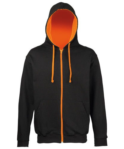 AWDis Just Hoods JH053 Varsity zoodie in Jet Black/Orange Crush