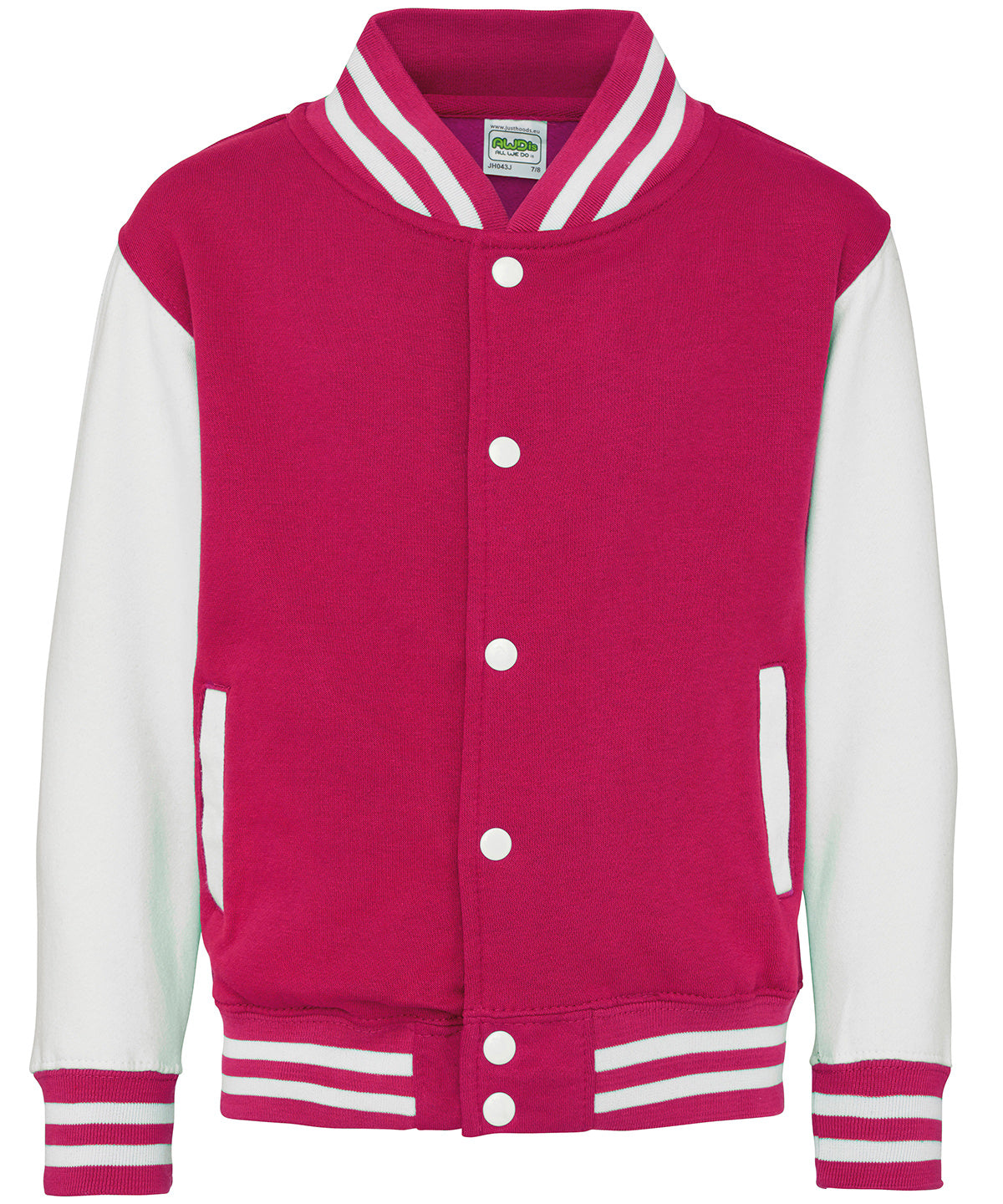 AWDis Just Hoods JH43J Kids varsity jacket in Hot Pink/White