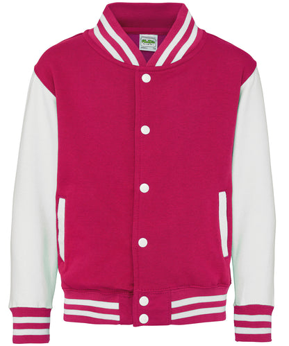 AWDis Just Hoods JH43J Kids varsity jacket in Hot Pink/White