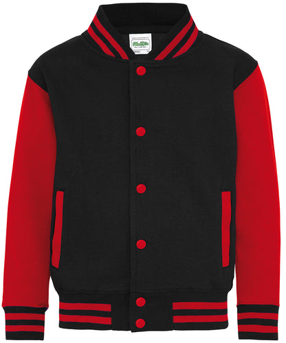 AWDis Just Hoods JH43J Kids varsity jacket in Jet Black/Fire Red