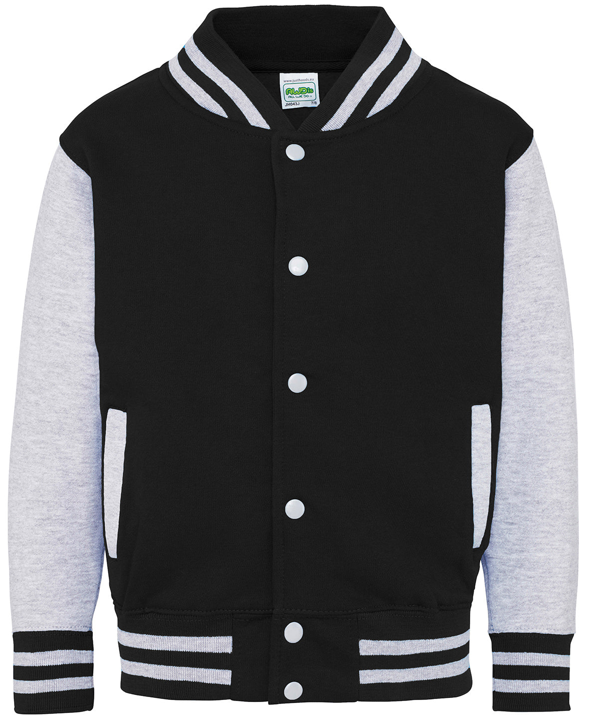 AWDis Just Hoods JH43J Kids varsity jacket in Jet Black/Heather Grey