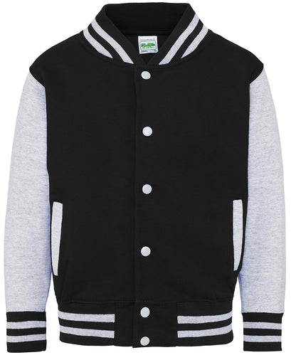AWDis Just Hoods JH43J Kids varsity jacket in Jet Black/Heather Grey