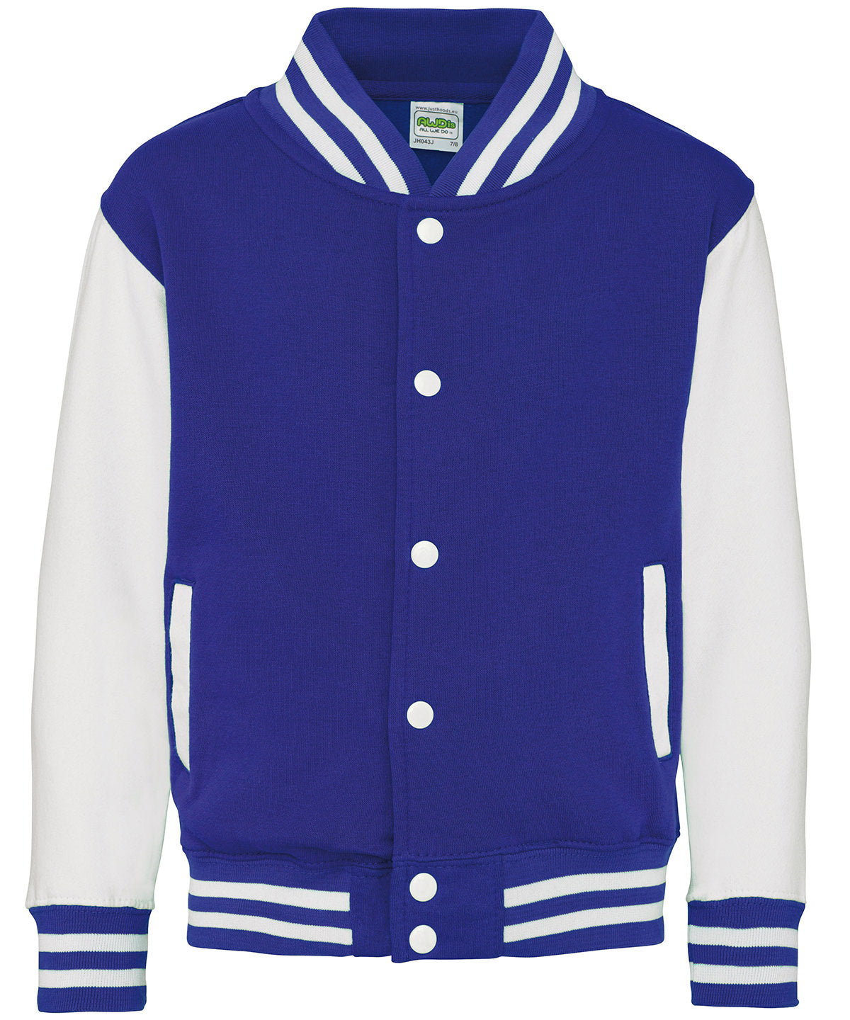 AWDis Just Hoods JH43J Kids varsity jacket in Royal Blue/White