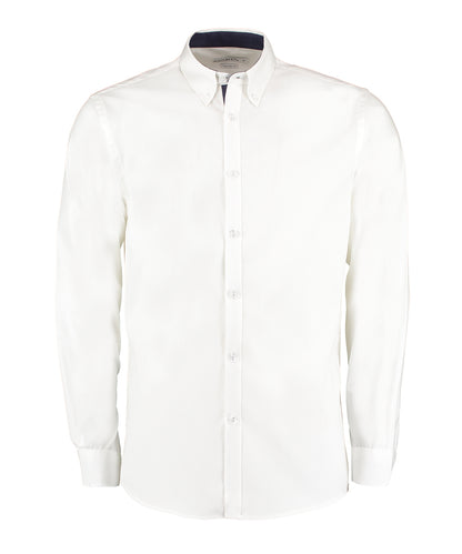 Kustom Kit KK190 Contrast premium Oxford shirt (button-down collar) long-sleeved (tailored fit) in White/Navy