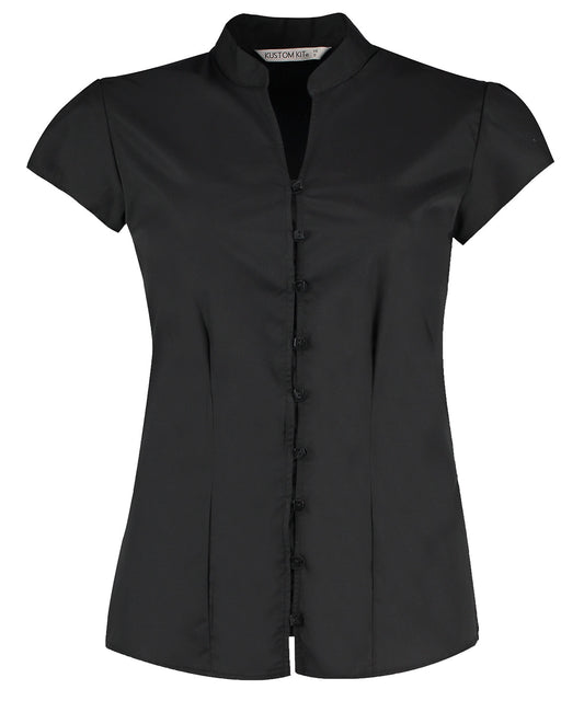 Kustom Kit KK727 Women's continental blouse mandarin collar cap sleeve (tailored fit) in Black