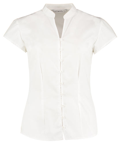 Kustom Kit KK727 Women's continental blouse mandarin collar cap sleeve (tailored fit) in White