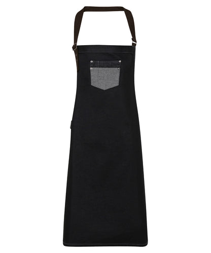 Premier PR136 Division waxed-look denim bib apron with faux leather in Black Denim