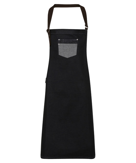 Premier PR136 Division waxed-look denim bib apron with faux leather in Black Denim