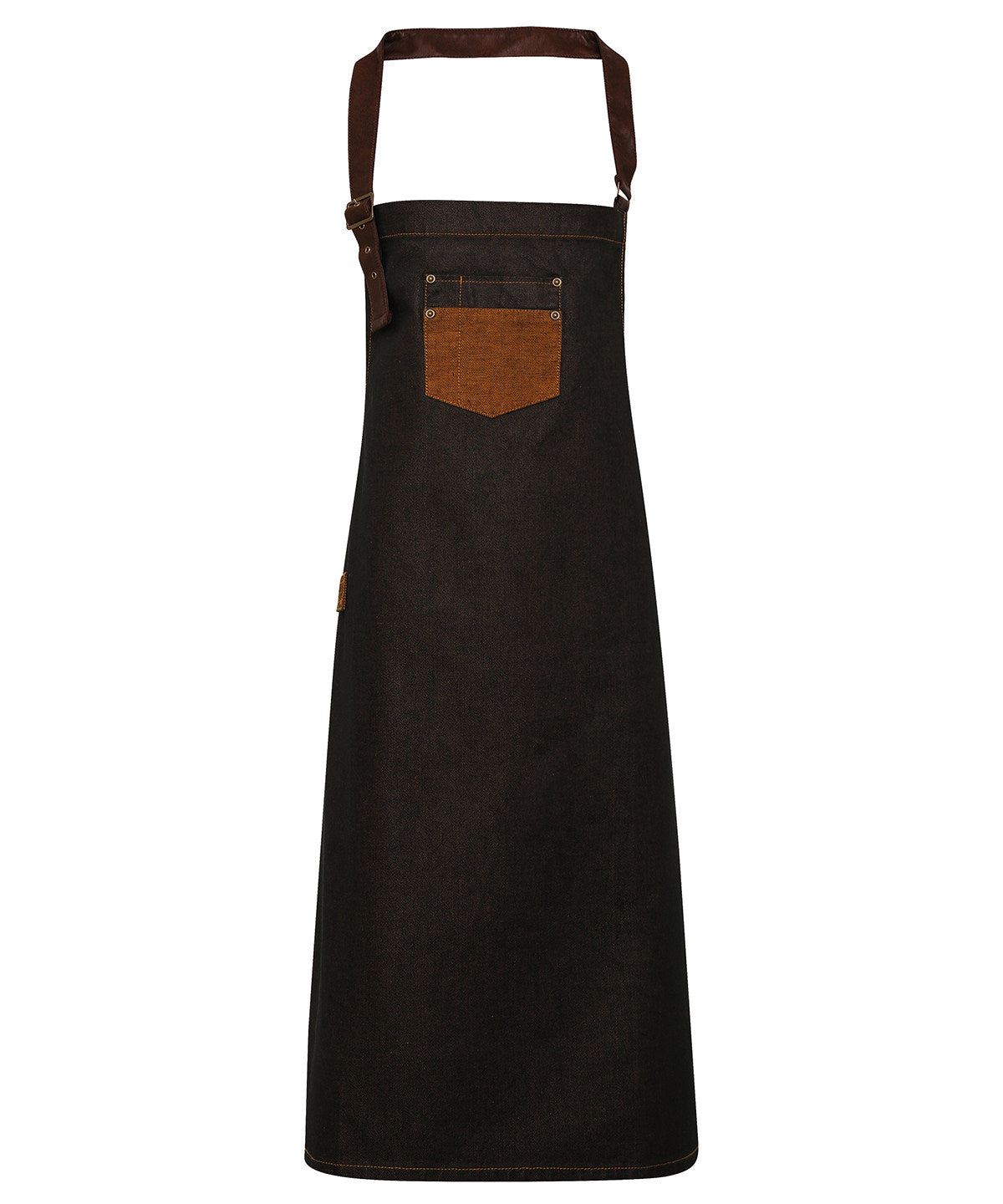 Premier PR136 Division waxed-look denim bib apron with faux leather in Black/Tan Denim