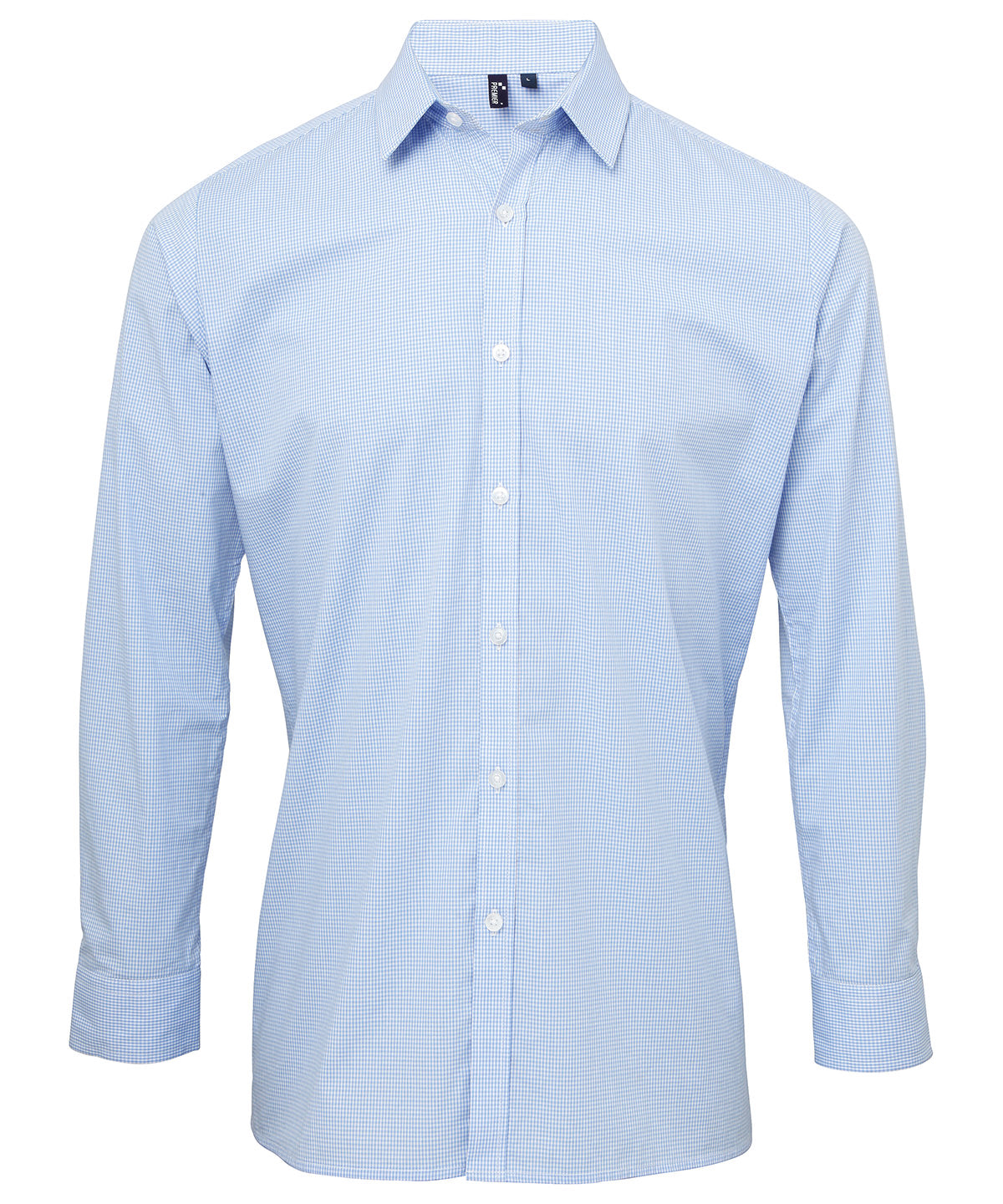 Premier PR220 Microcheck (Gingham) long sleeve cotton shirt in Light Blue/White