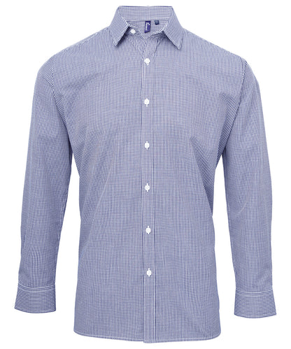 Premier PR220 Microcheck (Gingham) long sleeve cotton shirt in Navy/White