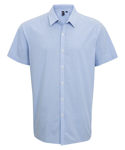 Premier PR221 Microcheck (Gingham) short sleeve cotton shirt in Light Blue/White
