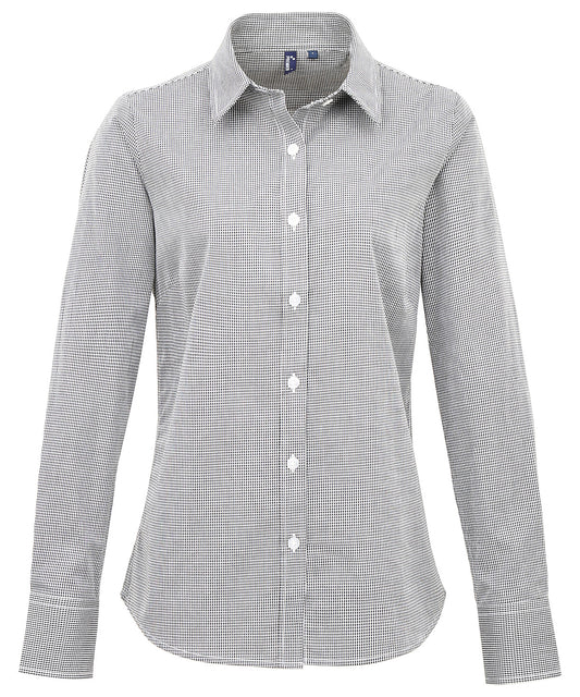 Premier PR320 Women's Microcheck (Gingham) long sleeve cotton shirt in Black/White