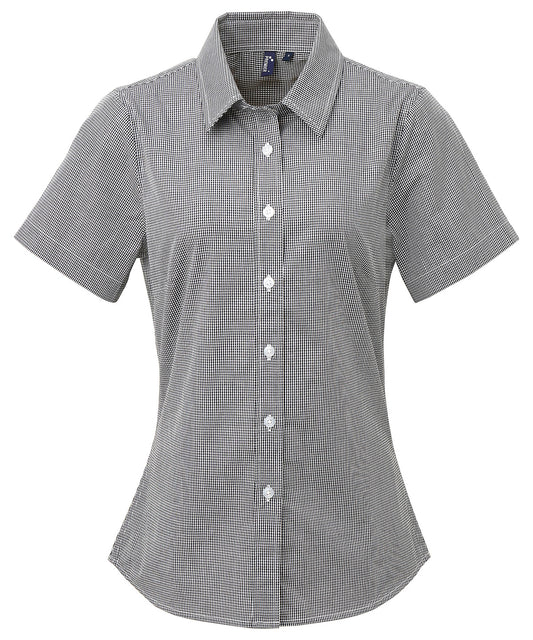 Premier PR321 Women's Microcheck (Gingham) short sleeve cotton shirt in Black/White