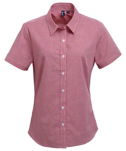 Premier PR321 Women's Microcheck (Gingham) short sleeve cotton shirt in Red/White