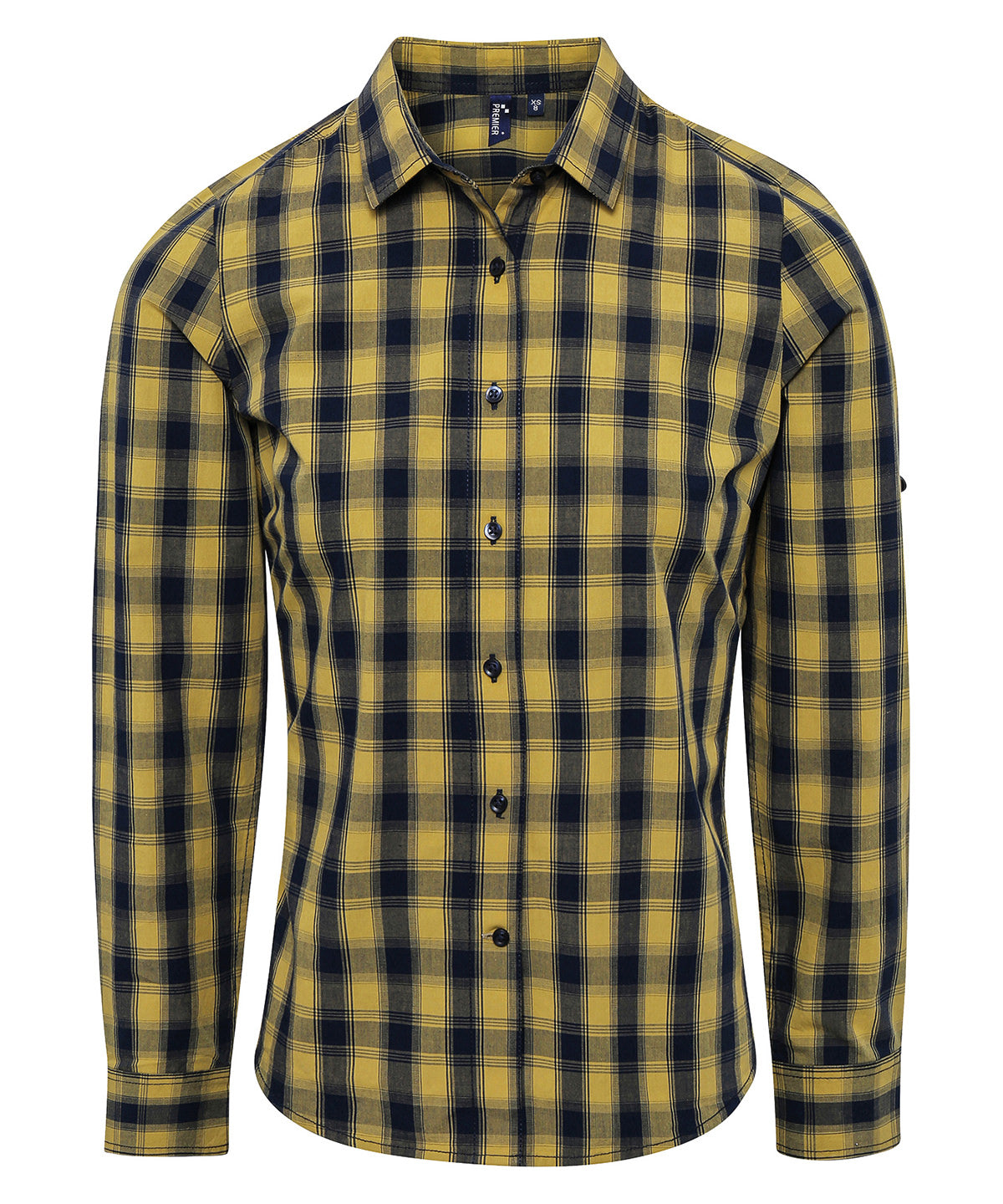 Premier PR350 Women's Mulligan check cotton long sleeve shirt in Camel/Navy