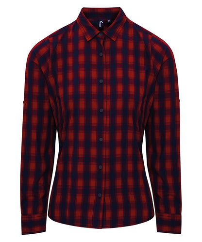 Premier PR350 Women's Mulligan check cotton long sleeve shirt in Red/Navy