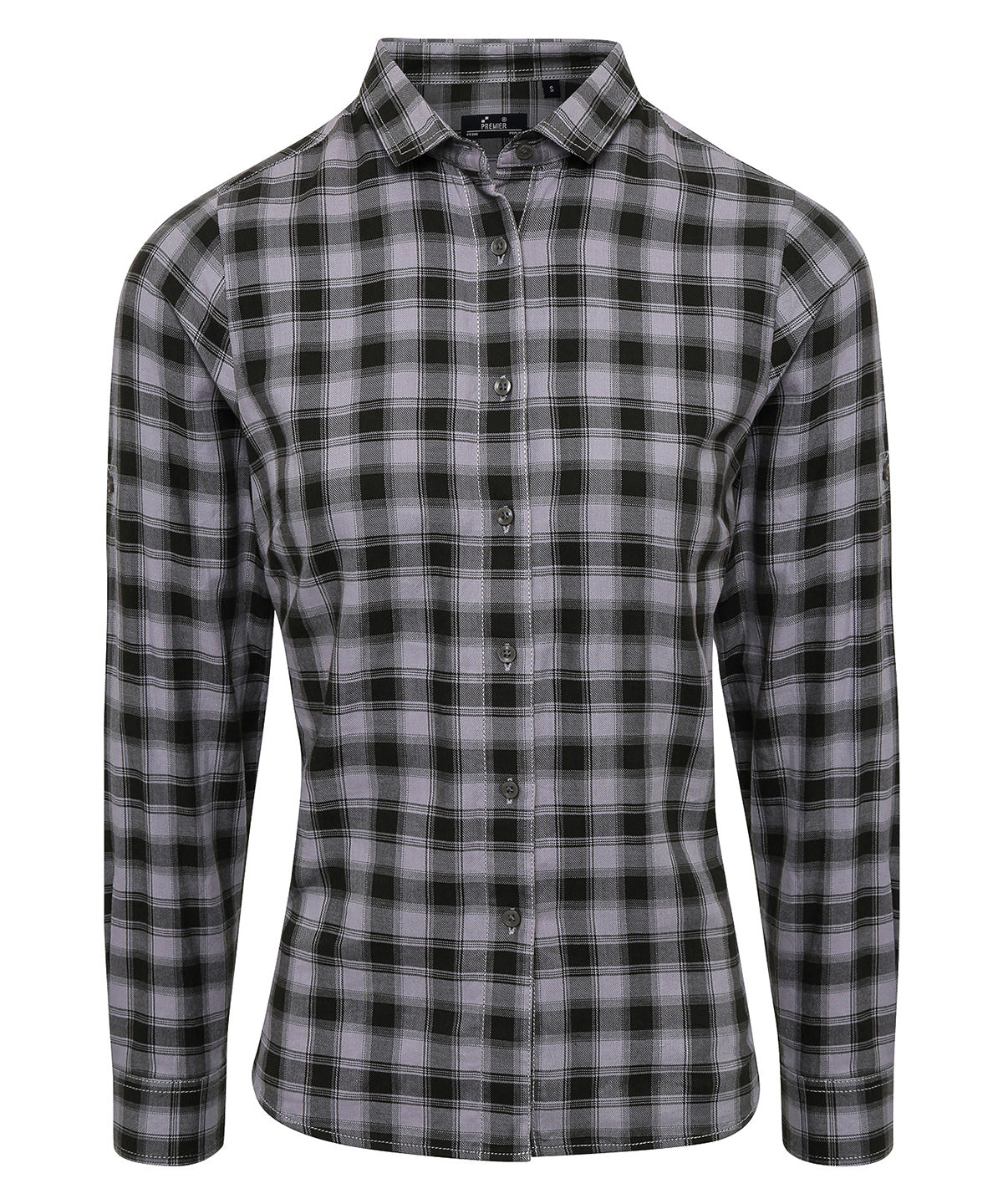Premier PR350 Women's Mulligan check cotton long sleeve shirt in Steel/Black