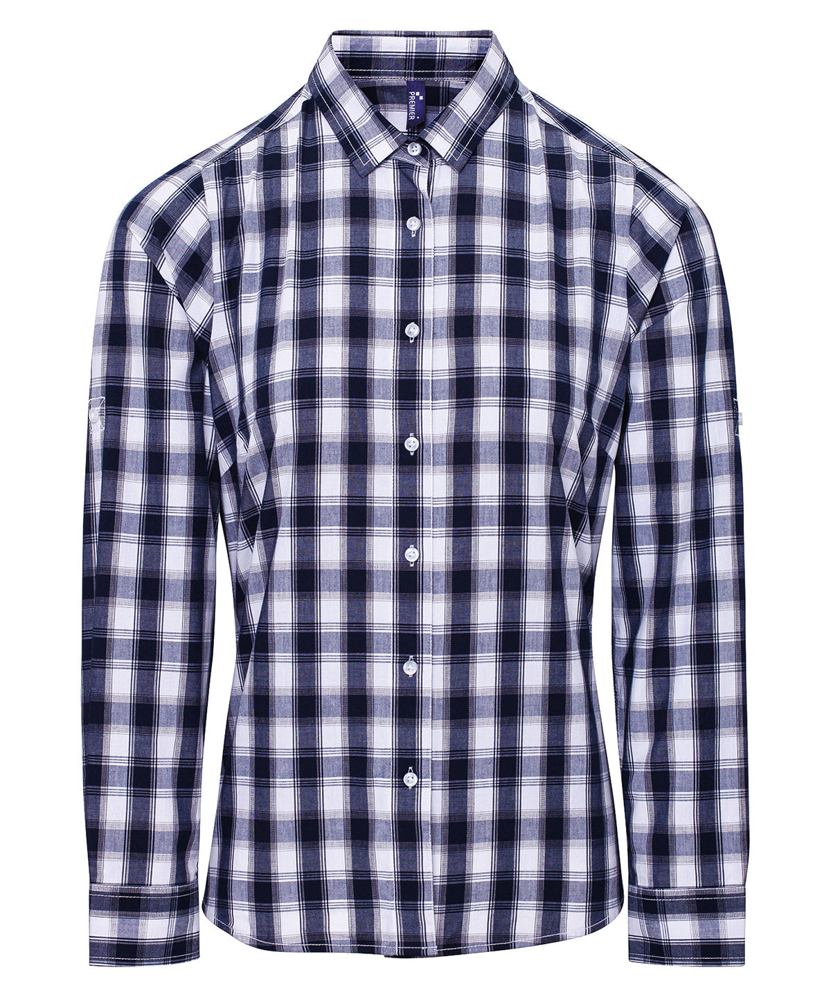 Premier PR350 Women's Mulligan check cotton long sleeve shirt in White/Navy