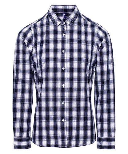 Premier PR350 Women's Mulligan check cotton long sleeve shirt in White/Navy