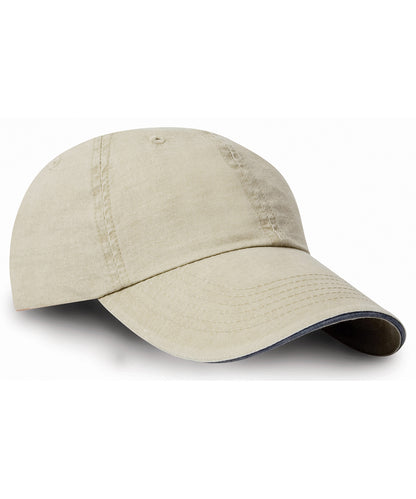 Result Headwear RC54X Washed fine line cotton cap with sandwich peak in Putty/Navy