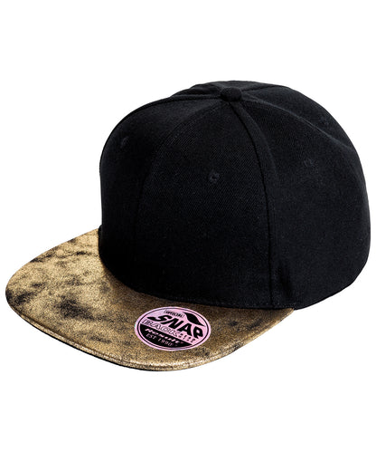 Result Headwear RC87X Bronx glitter flat peak snapback cap in Black/Gold