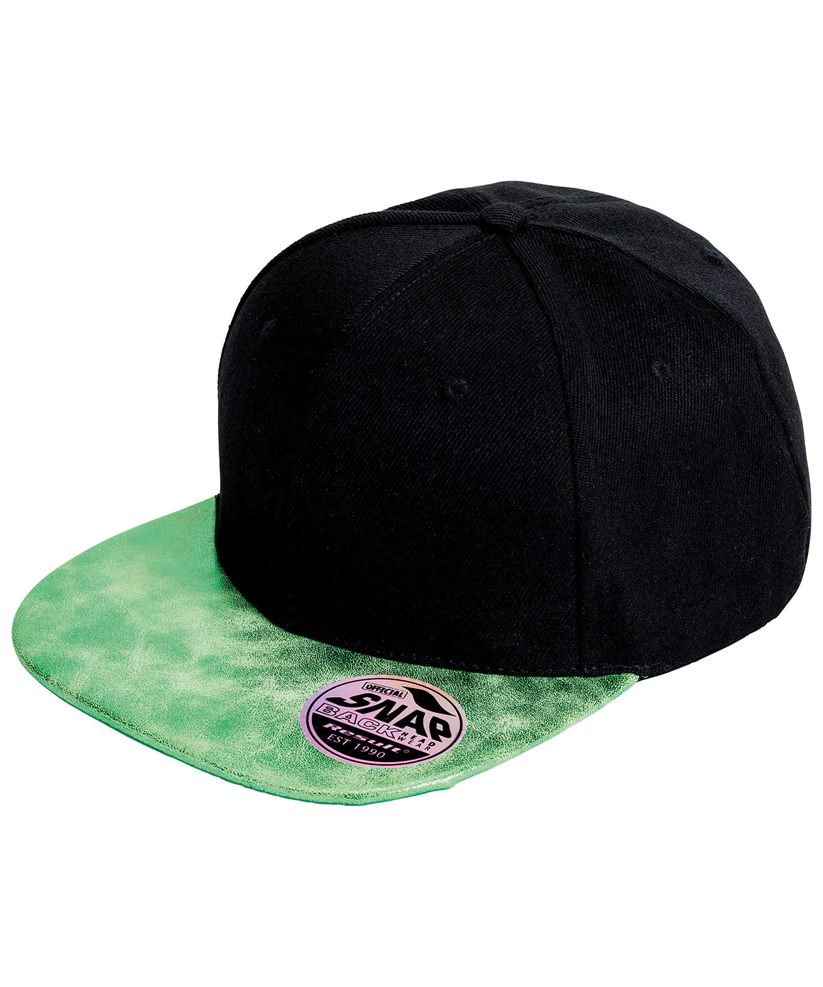 Result Headwear RC87X Bronx glitter flat peak snapback cap in Black/Green