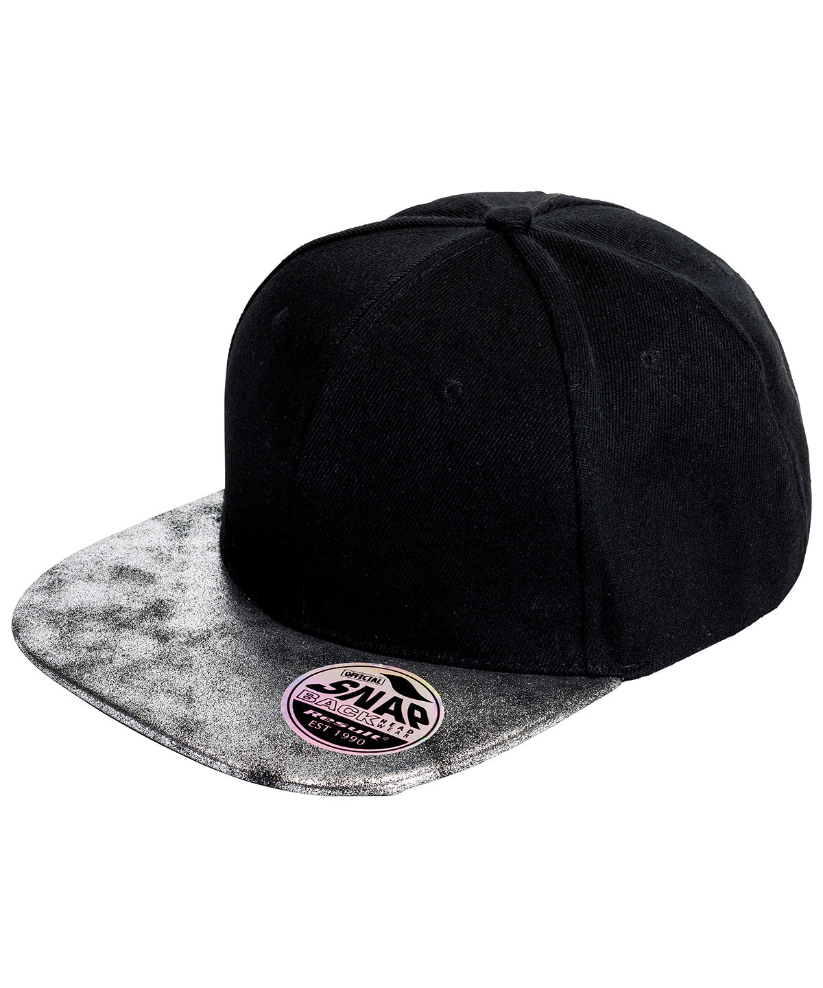 Result Headwear RC87X Bronx glitter flat peak snapback cap in Black/Silver