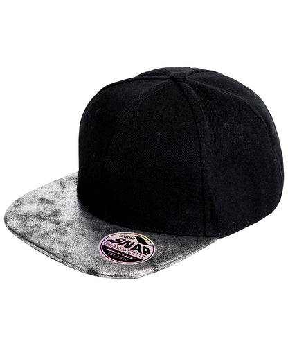 Result Headwear RC87X Bronx glitter flat peak snapback cap in Black/Silver