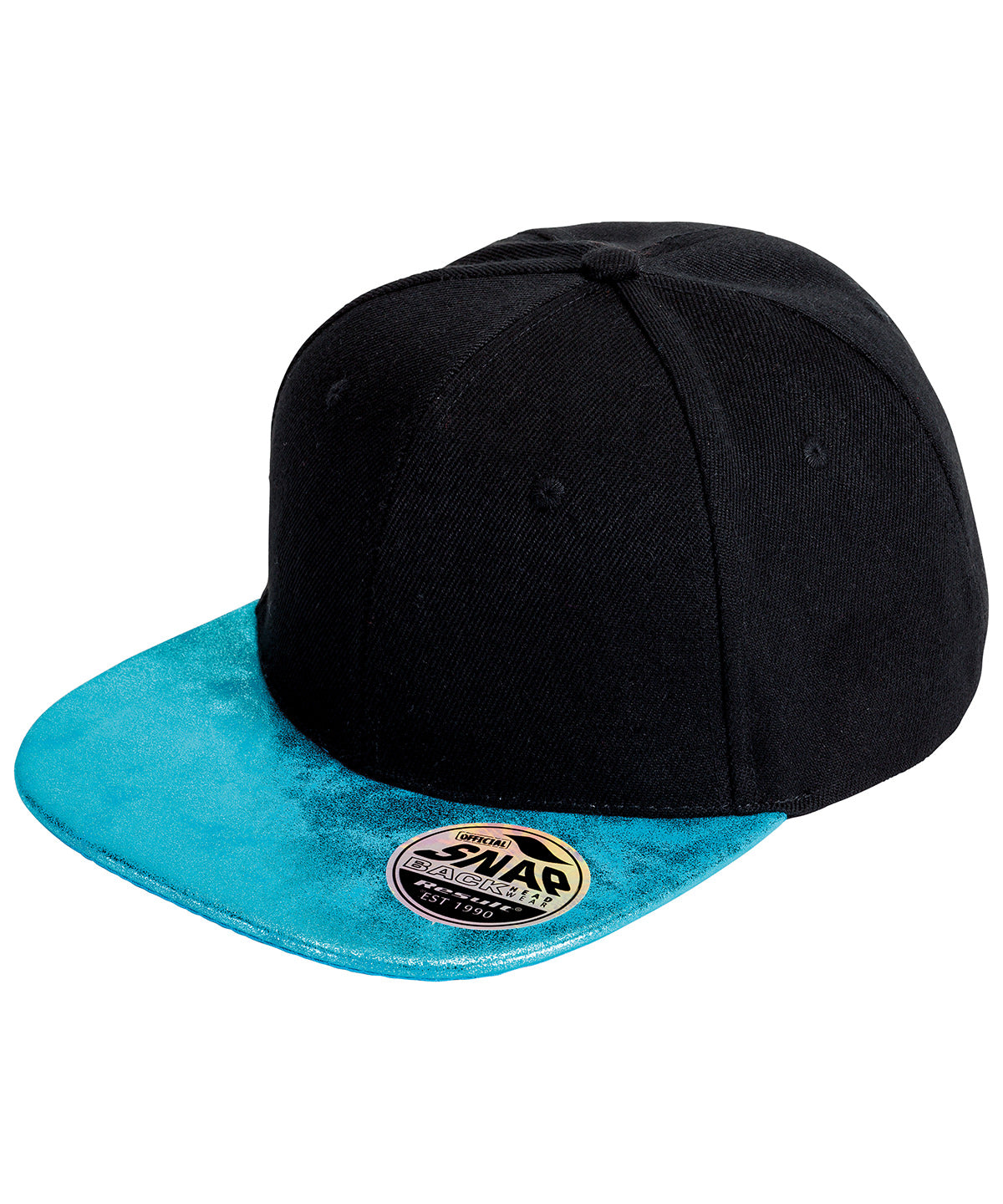 Result Headwear RC87X Bronx glitter flat peak snapback cap in Black/Turquoise