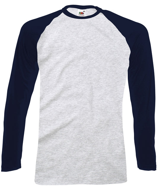 Fruit of the Loom SS028 Long sleeve baseball T in Heather Grey/Deep Navy