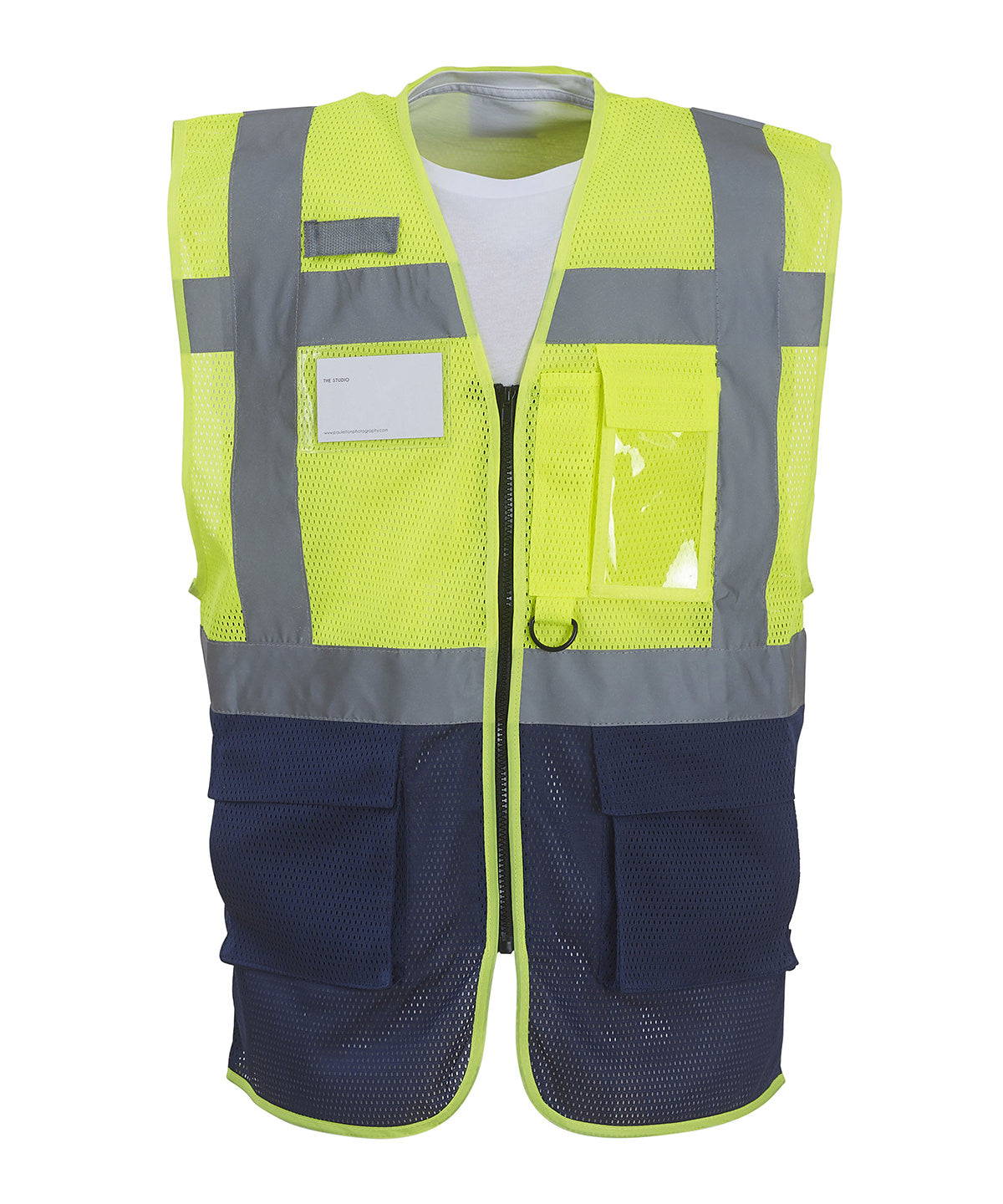 Yoko YK015 Hi-vis top cool open-mesh executive waistcoat (HVW820) in Yellow/Navy