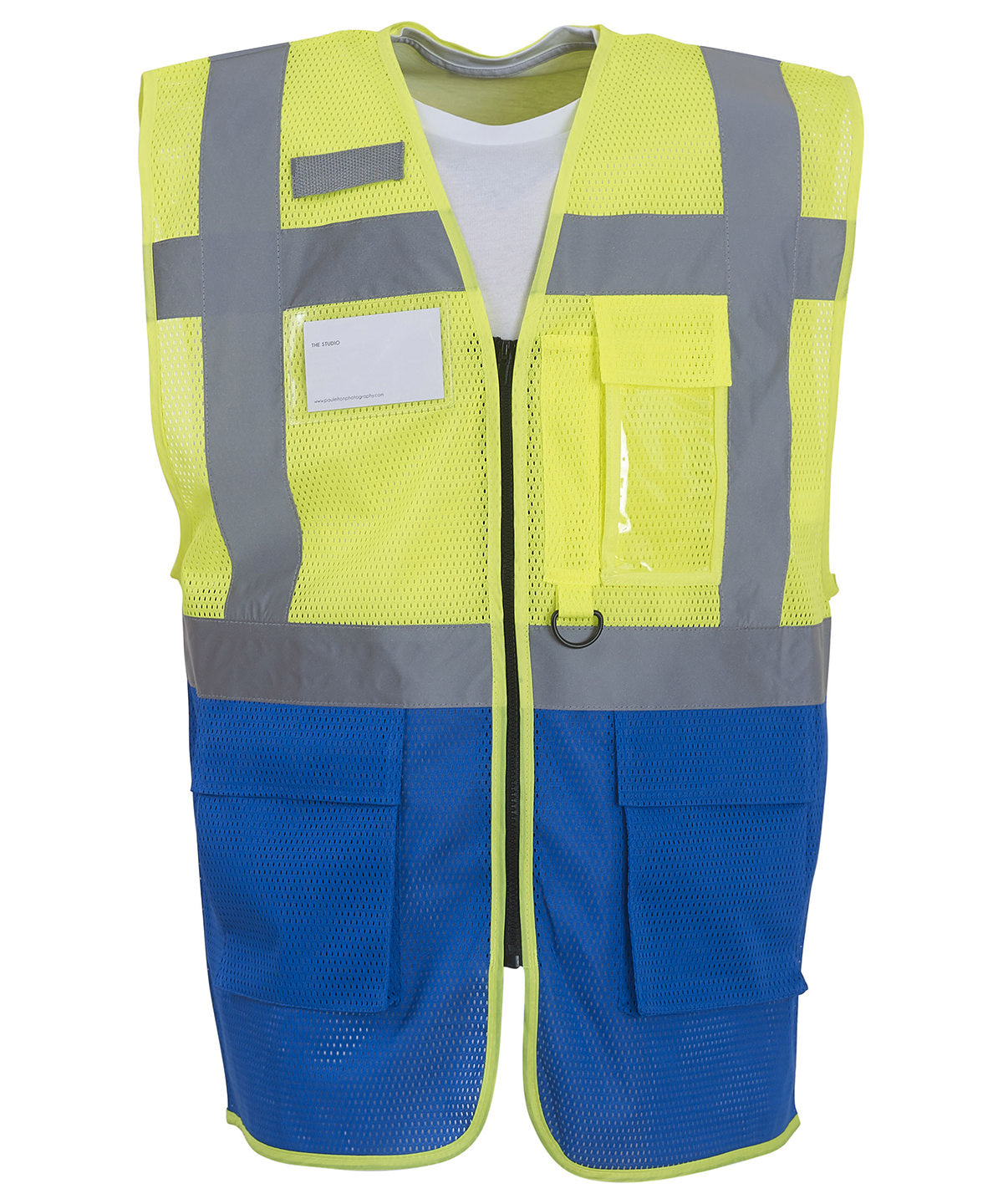 Yoko YK015 Hi-vis top cool open-mesh executive waistcoat (HVW820) in Yellow/Royal Blue