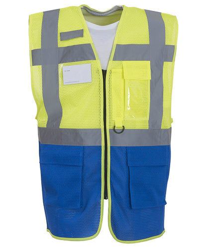 Yoko YK015 Hi-vis top cool open-mesh executive waistcoat (HVW820) in Yellow/Royal Blue