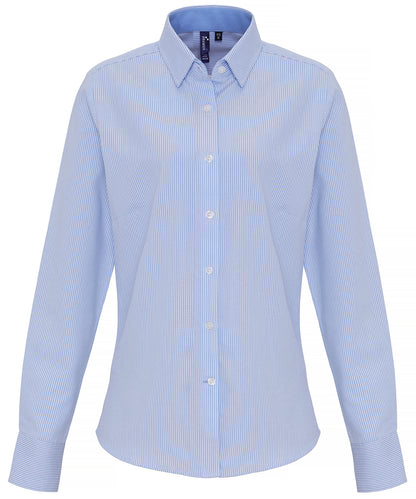 Premier PR338 Women's cotton-rich Oxford stripes blouse in White/Light Blue