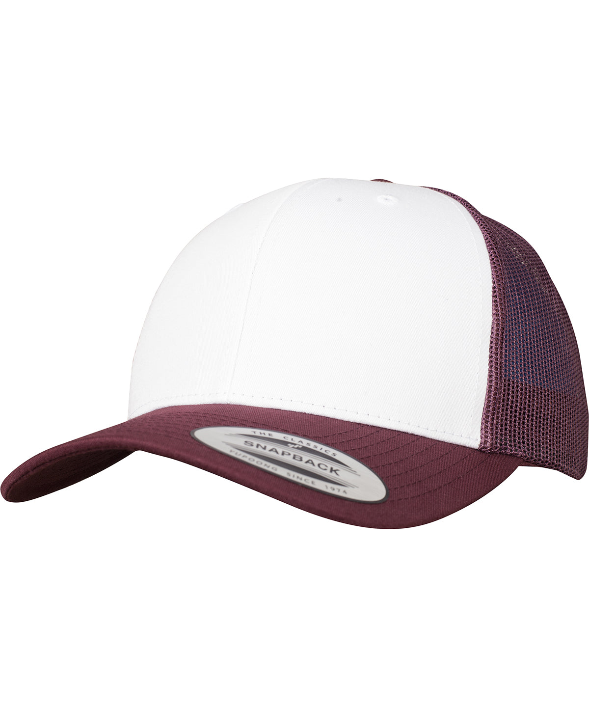 Flexfit by Yupoong YP129 Retro trucker coloured front (6606CF) in Maroon/White/Maroon