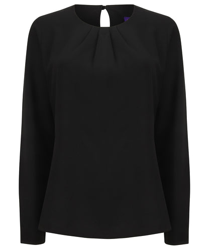 Henbury HB598 Women's pleat front long sleeve blouse in Black