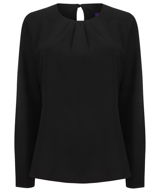 Henbury HB598 Women's pleat front long sleeve blouse in Black