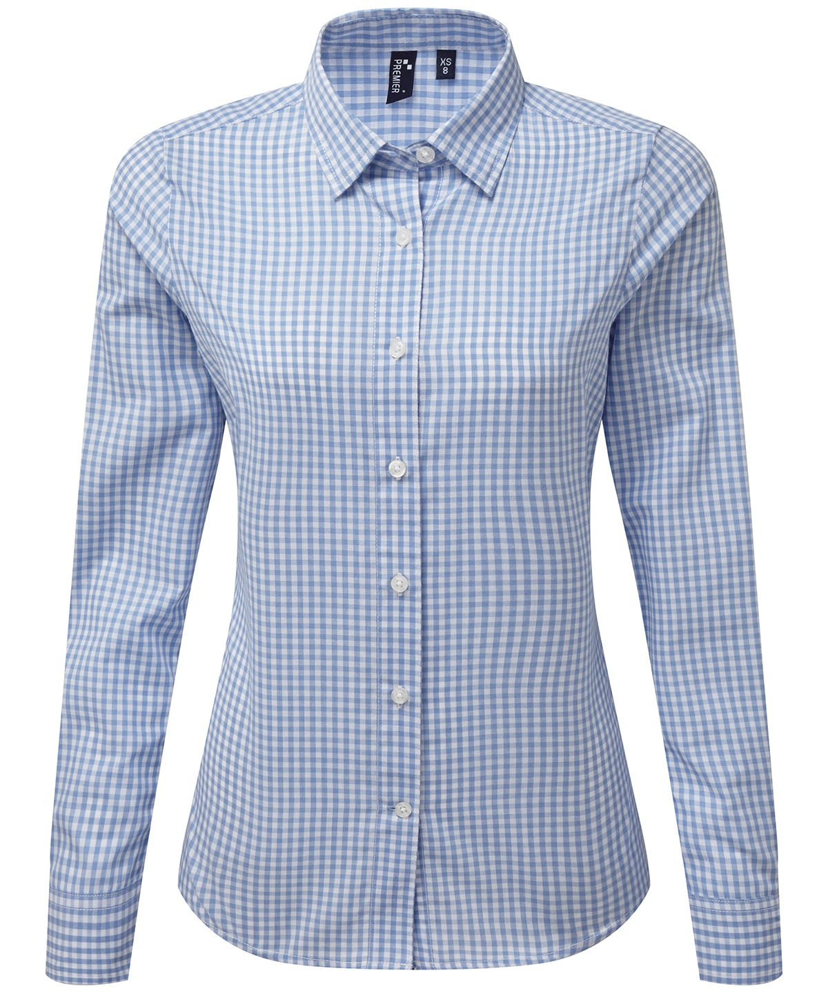 Premier PR352 Women's Maxton check long sleeve shirt in Light Blue/White