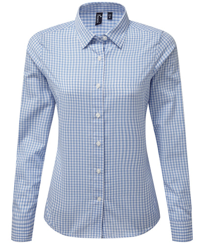 Premier PR352 Women's Maxton check long sleeve shirt in Light Blue/White