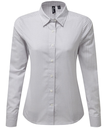 Premier PR352 Women's Maxton check long sleeve shirt in Silver/White